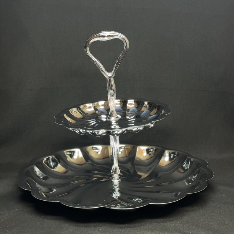 Vintage Arco 2-Tier Cake Candy Stand Chrome Metal Scalloped Silver Tray Party gallery