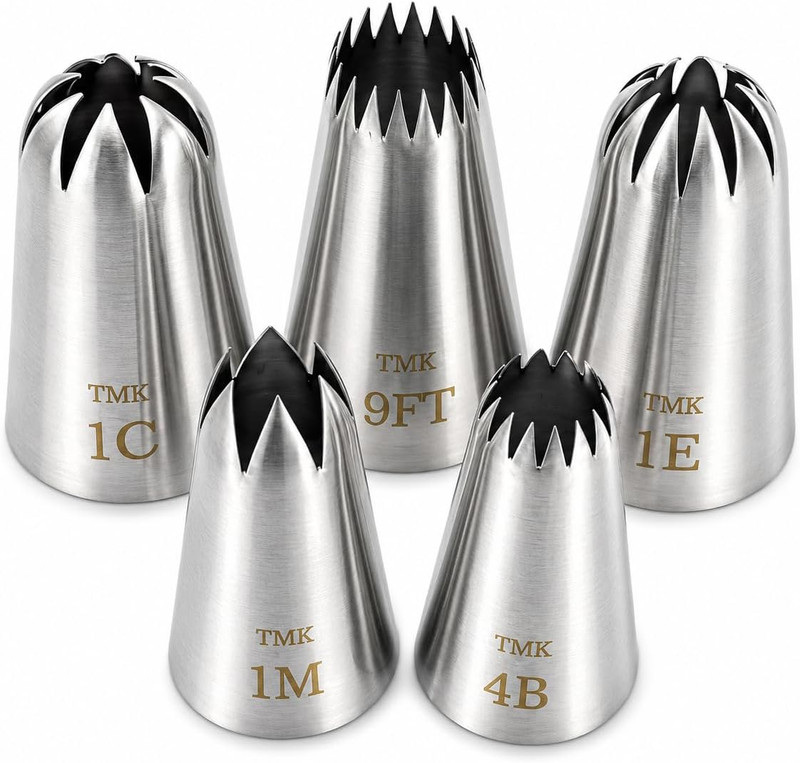 5 Pack Stainless Steel Seamless Piping Icing Tips #9FT 1C 1E 1M 4B, Large Star