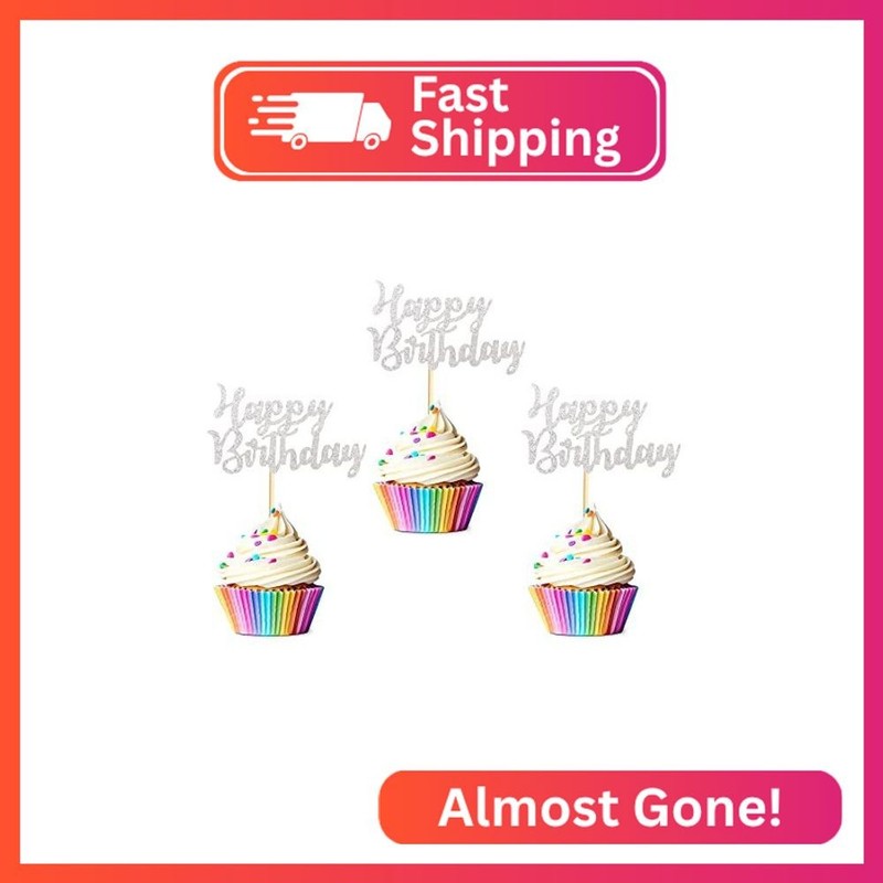 Arthsdite Pack of 48 Pre-Assembled Silver Glitter Happy Birthday Cupcake Toppers