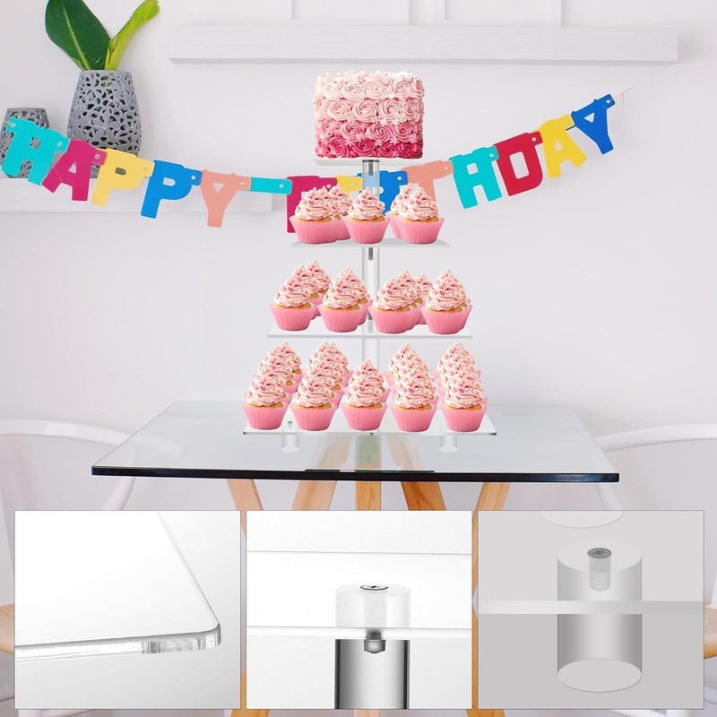 Large 4 Tier Cupcake Stand Square Acrylic Cupcake Tower Stand for Dessert, Pa... gallery