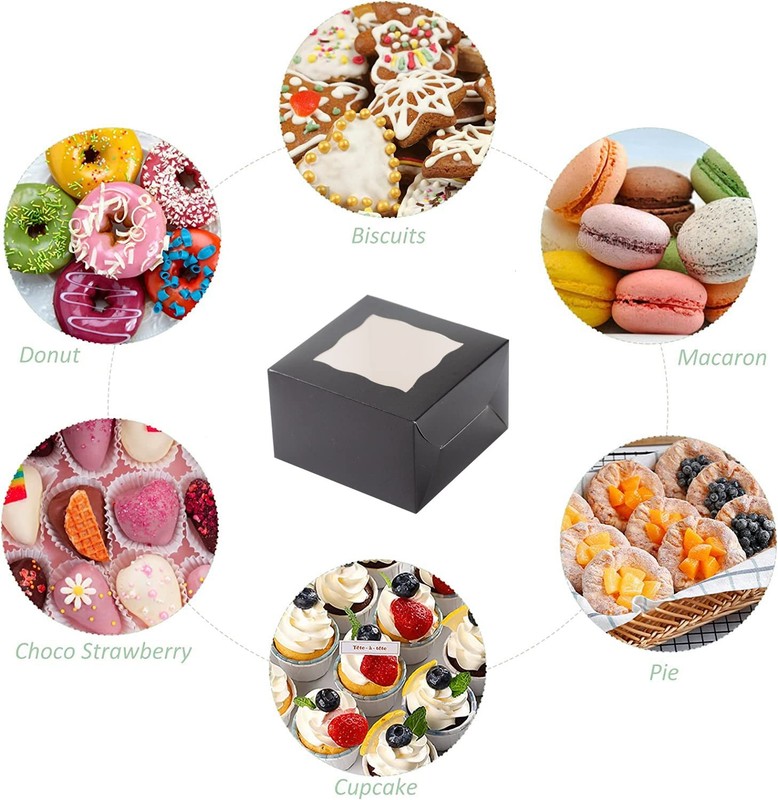 100 PCS Paper Cookie Boxes Window Small Bakery Cake Black 4x4x2.5 Inch Treat gallery