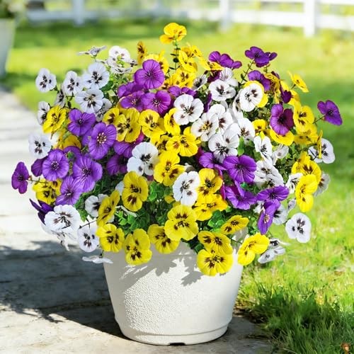 Artificial Fake Pansy Flowers for Outdoors, Faux 20 Pcs Purple, Yellow, White gallery