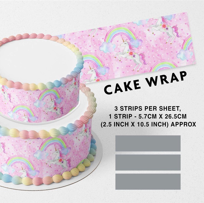 Pink Rainbow Unicorn Pattern Strip Edible Cake Topper Decoration Edible Image