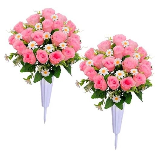 Artificial Cemetery Flowers, Memorial Grave Decorations Roses – 2 Pink