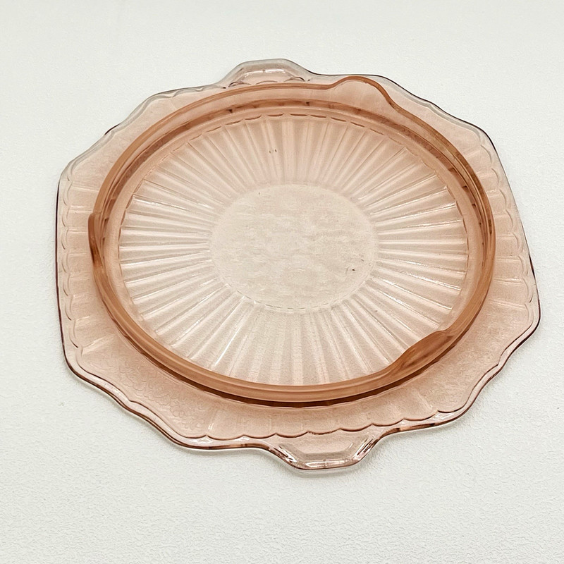 Vtg Pink Depression Glass Anchor Hocking Mayfair Open Rose Footed Cake Plate 10" gallery