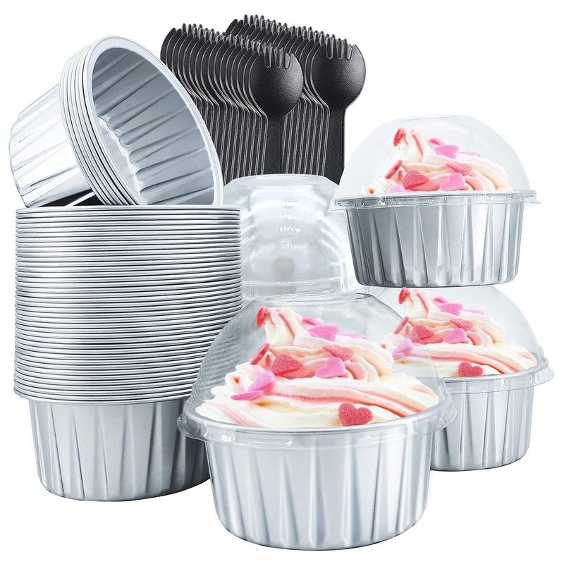 Cupcake Liners With Dome Lids 50 Pack,free-air 5Oz Aluminum Foil Bakin