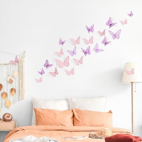 48 Pcs Butterfly Decorations, 4 Styles 3 Sizes, Wall Decor, 3D Pink and Purple gallery