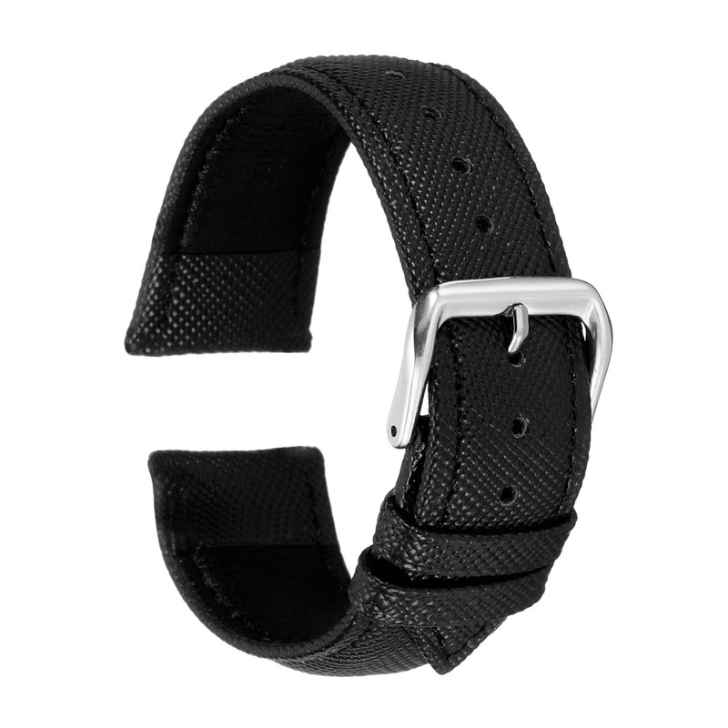 22mm Classic Grain Leather Watch Strap, Thin, Black & Silver