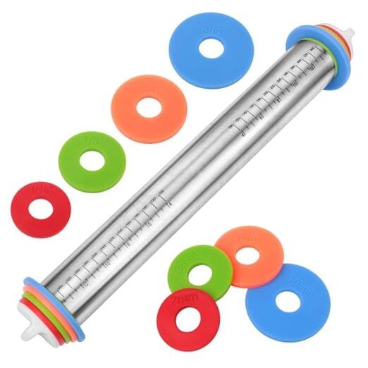 Adjustable Rolling Pin with Thickness Rings for Baking, Stainless Steel Silver