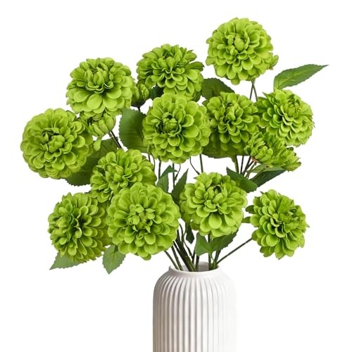 Fake Artificial Pompon Mums Flowers Indoor with Long Stems Ball 6 Green
