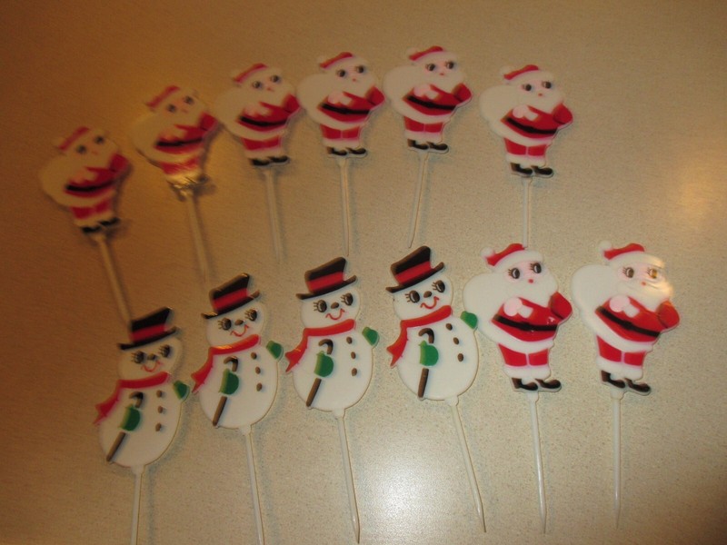 12 Vtg Santa Claus and Snowmen Plastic Christmas Picks Cake Floral Crafts