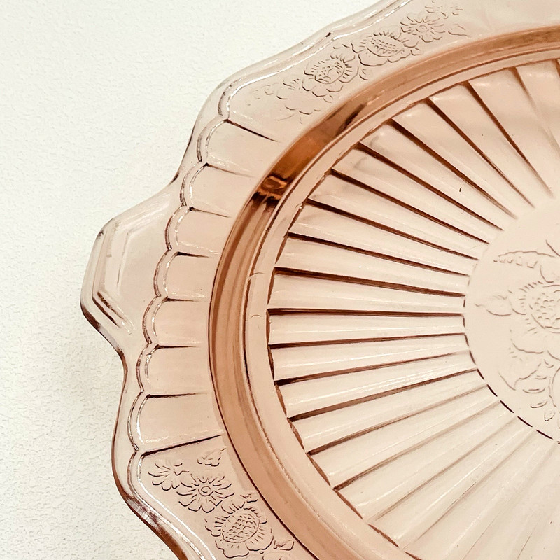Vtg Pink Depression Glass Anchor Hocking Mayfair Open Rose Footed Cake Plate 10" gallery