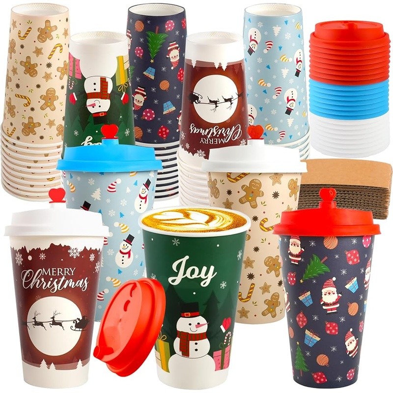Vintage Christmas Disposable Coffee Cups W/ Lids & Sleeves Holiday Parties New gallery
