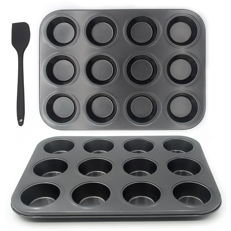 Bakexcel Non-Stick Muffin Pans, 12-Cup Standard Baking Pans Set 12-Cup, Gray