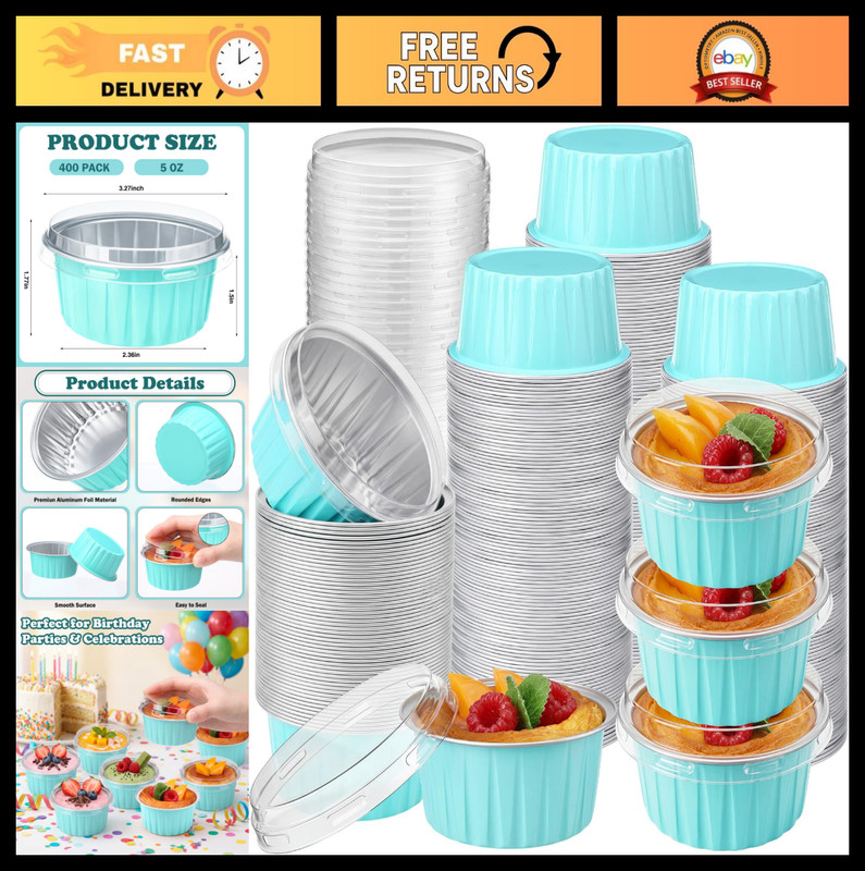 400 Pcs Aluminum Foil Baking Cups with Lids – 5 oz Disposable Ramekins for Cakes