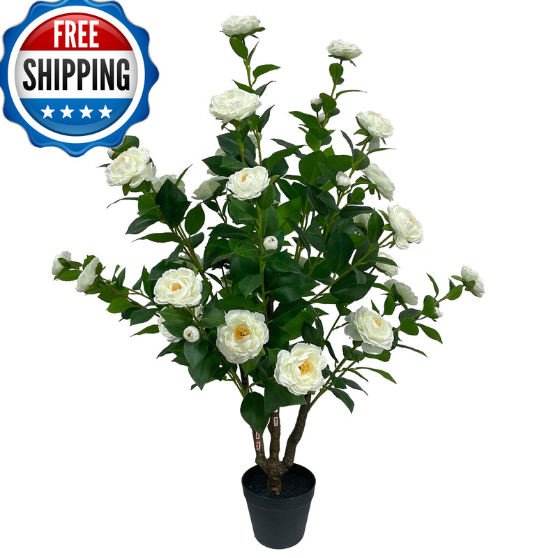 Haplant 3.3Ft Artificial Camellia Tree In Pot White Flowers Faux Camellia Plant