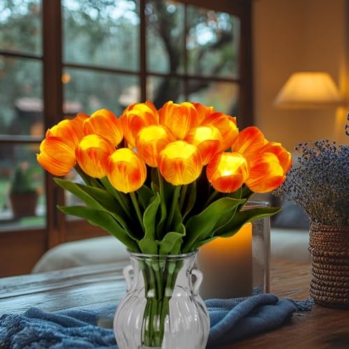 20 Stems LED Lighted Artificial Flowers Tulip Lamp Real Touch Tulips Orange gallery
