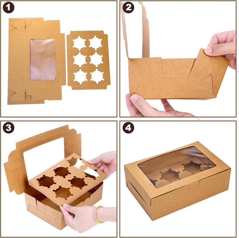 50 Pack Kraft Cupcake Box with Insert & Window Hold 6 Standard Food Grade Bakery gallery