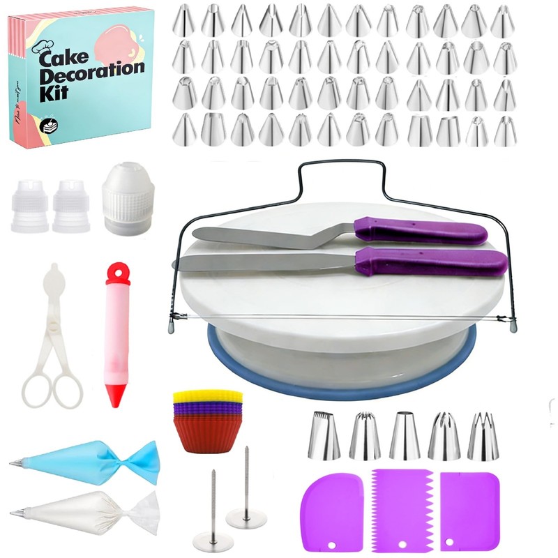 103pcs Cake Decorating Set – Turntable, Icing Tips, Piping Bags, Muffin Cups & T