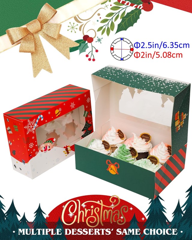 30 Pack 6-Cup Christmas Cupcake Boxes with Window 9.4x6.1x3 inch Carrier gallery