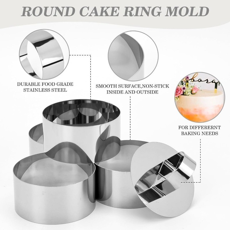 4-Pack 3 Inch Stainless Steel Baking Ring Molds with Pusher - Professional Food gallery