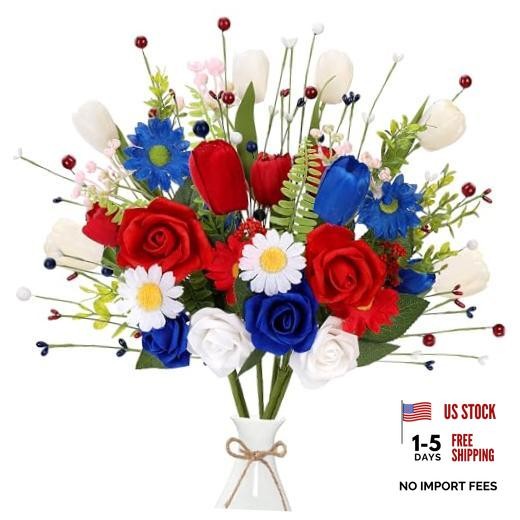 Patriotic Artificial Flowers 6Pcs Memorial Bouquet Fake Red Blue,red and White