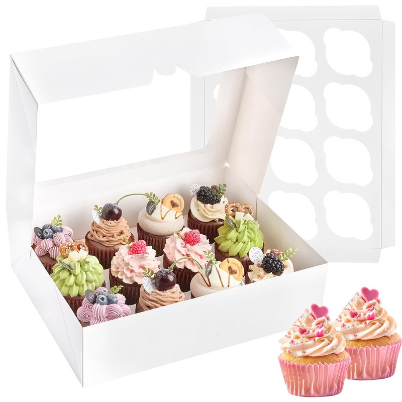 12 Count Cupcake Boxes, 2 Pack White Cupcake Containers with Windows and Inse...