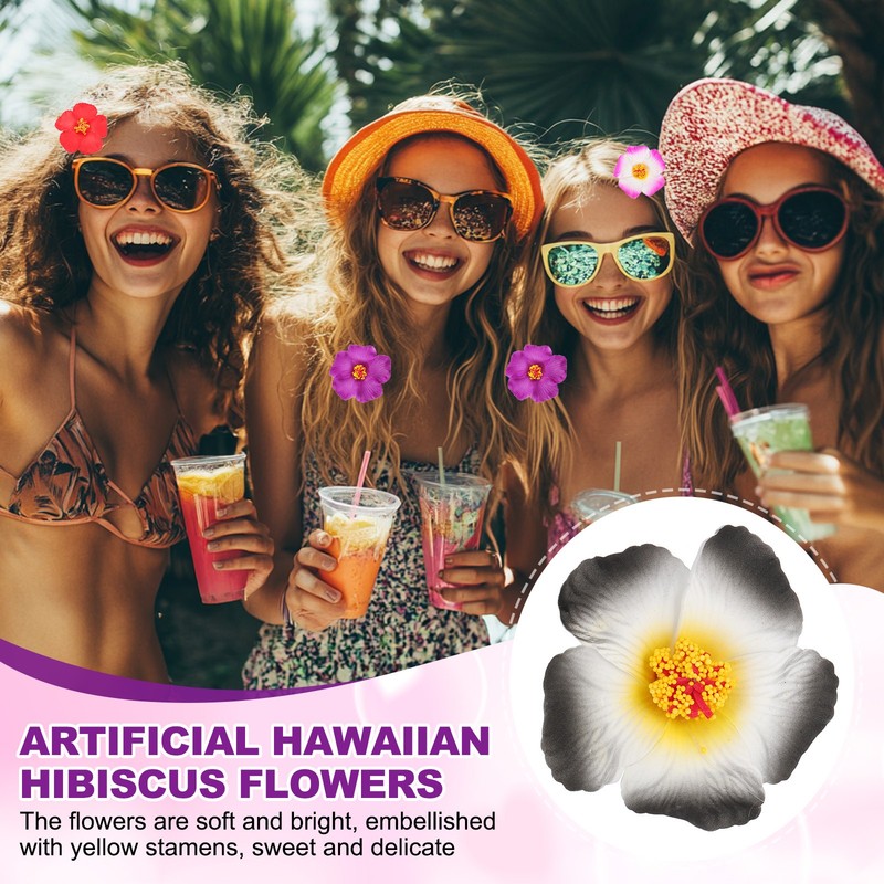 16 Pcs Hawaiian Hibiscus Flowers Artificial Flowers Hair Clip DIY White/Black gallery