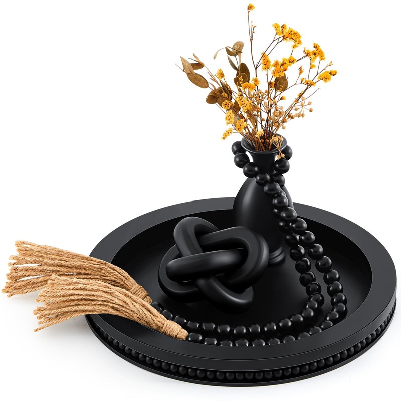 3 Pcs Coffee Table Decor Include 12in Black Wooden Serving Tray, Wood
