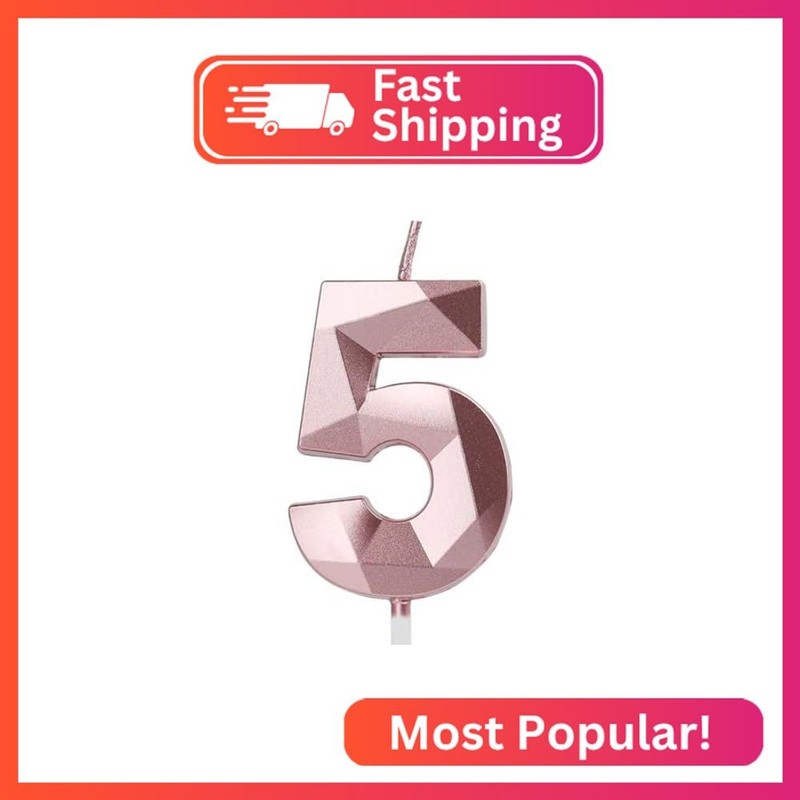 Number 5 Candles, 5th Birthday Candles, Rose Gold Happy Birthday Candle for Cake