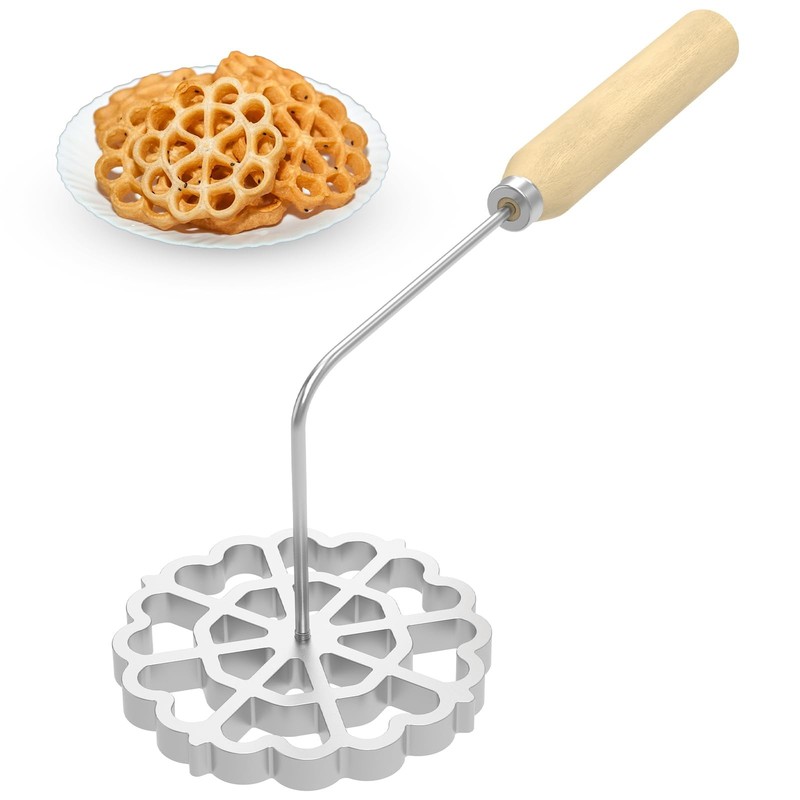 4.8 Inch Aluminum Bunuelos Cookie Maker Mold Wooden Handle Rosette Iron