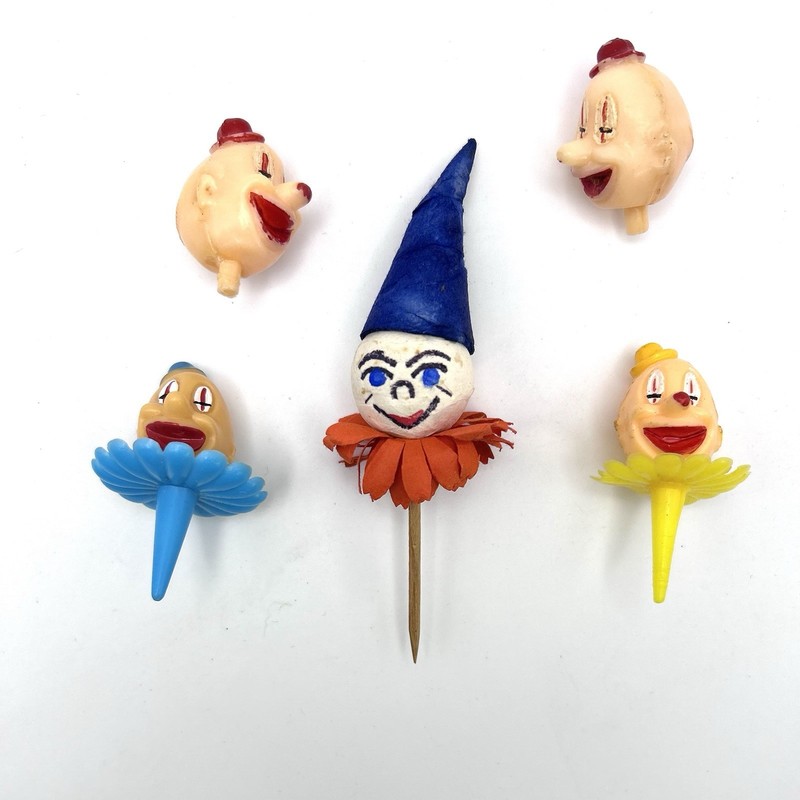 Vintage Clown Cake Toppers Picks Lot Spun Cotton Plastic Circus Head Doll Parts gallery