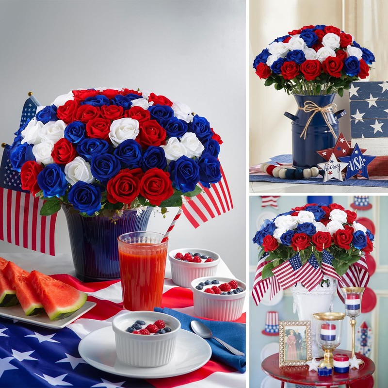 Hananona 50 Pcs Artificial Roses in Bulk, 8 x 5 x 14 inches, Red, White, Blue gallery