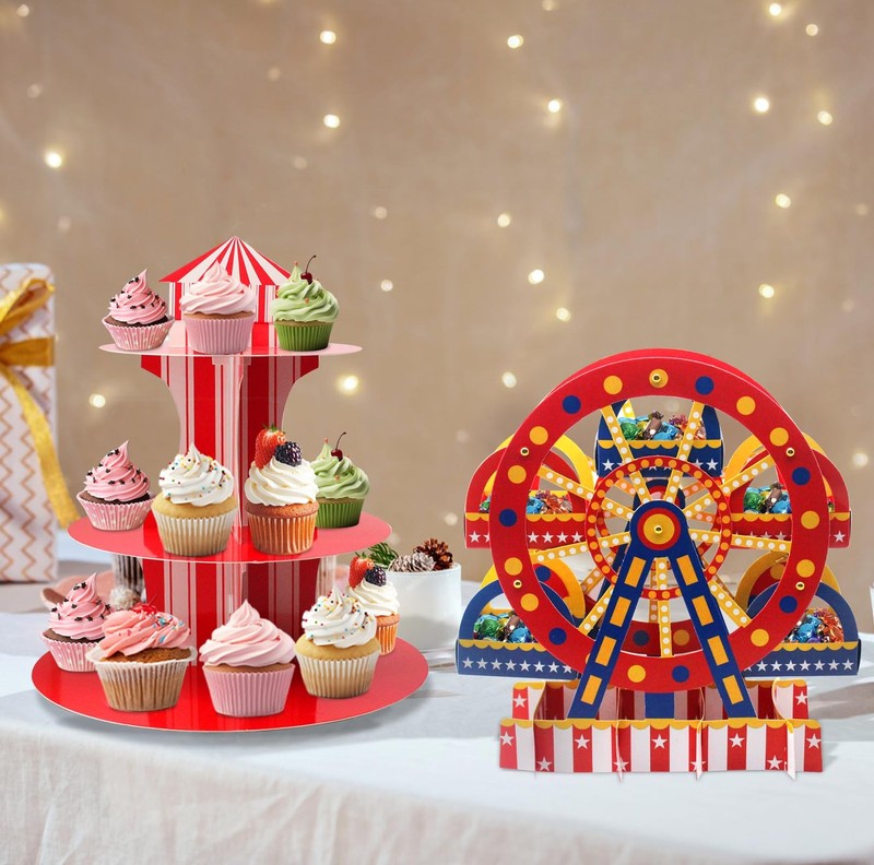 4 PCS Carnival Theme Ferris Wheel Centerpieces and Cupcake Stands 3 Tier Card... gallery