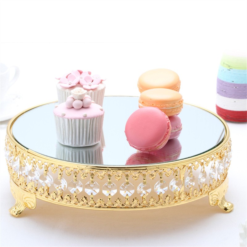 18in Round Mirror Cake Stand Crystal Metal Dessert Display Tray Gold Silver gallery