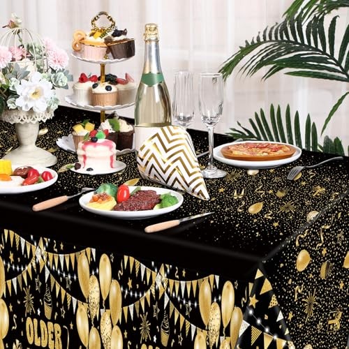 3 Pcs Happy Birthday Tablecloth Plastic Older Wiser Hotter Black, Gold gallery