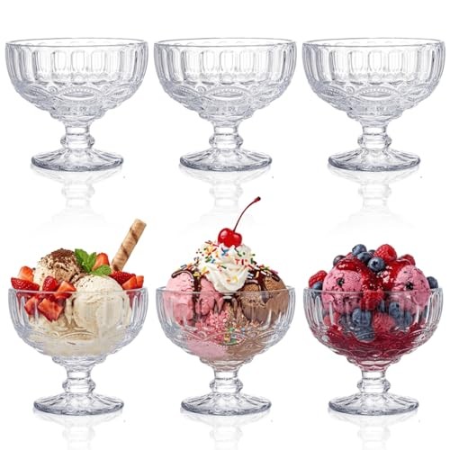 6 Pack Vintage Embossed Glass Dessert Cups, 12oz Footed Sundae Glasses for gallery