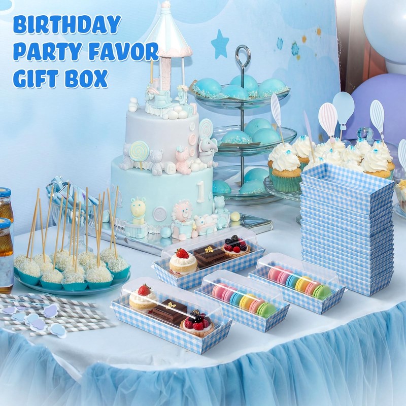 50 Pack Blue Plaid Cookie and Snack Boxes with Clear Lids Disposable Dessert ... gallery