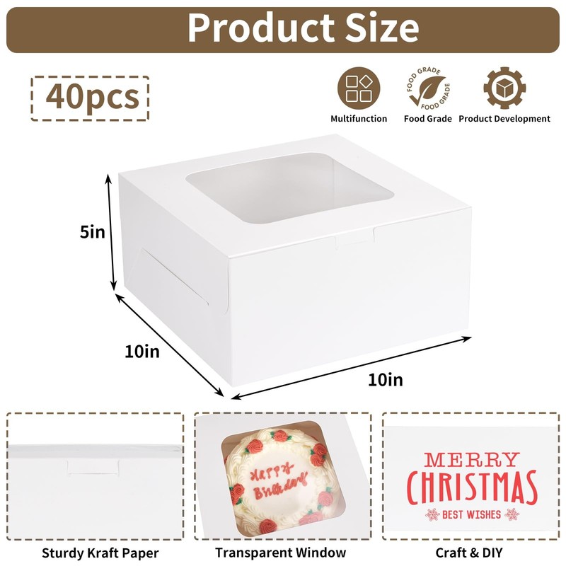 40 PCS Cake Boxes 10x10x5 Inch White Bakery Window Pastry Cookie Pie Cupcake gallery
