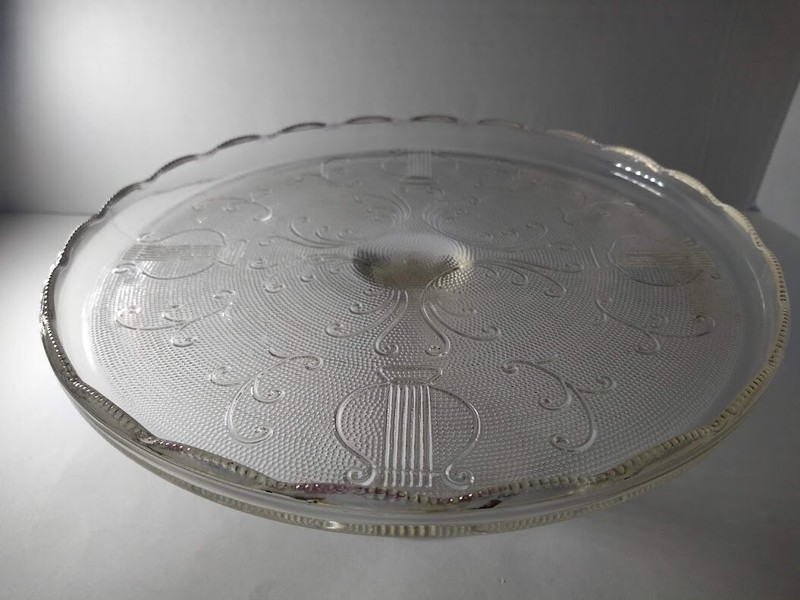 Vintage CAKE PEDESTAL PLATE Jeanette Glass HARP Scalloped Gold Rim gallery