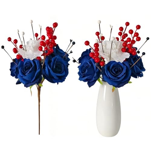 Patriotic Artificial Rose Flowers Berry Stem Picks Red White Blue Silk Floral