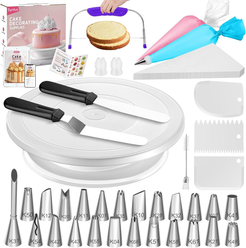 65 Pcs Cake Decorating Kit with Cake Stand Turntable, Cake Baking Supplies 30+1