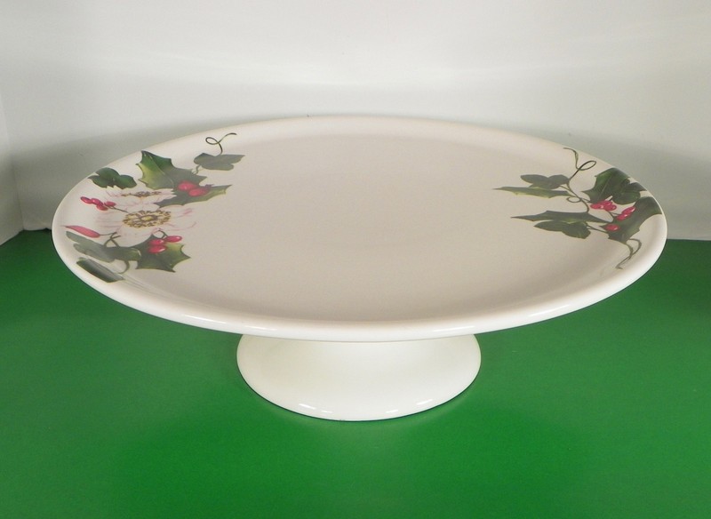 Ciroa Christmas HOLLY AND FLOWER Cake Stand Porcelain Plate Holiday Berry