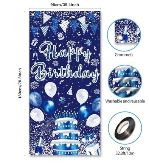 3x6ft Blue Silver Birthday Door Banner Navy Blue Glitter Sequin Happy gallery