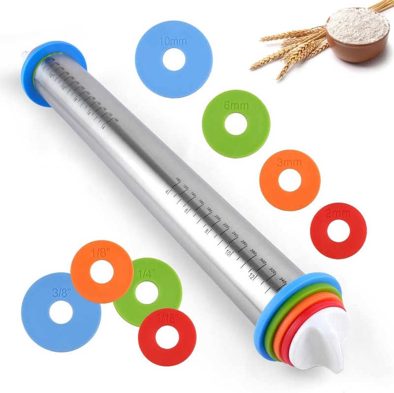 Adjustable Rolling Pin with 4 Thickness Rings for Baking, 17” Stainless Steel... gallery