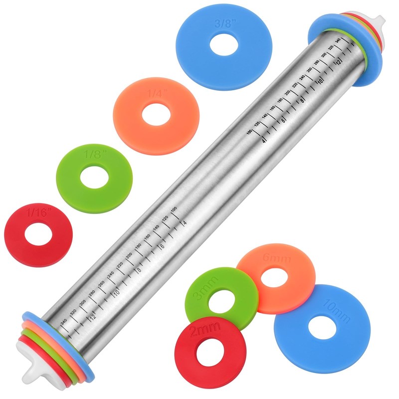 Adjustable Rolling Pin With Thickness Rings For Baking Stainless Steel Designs D