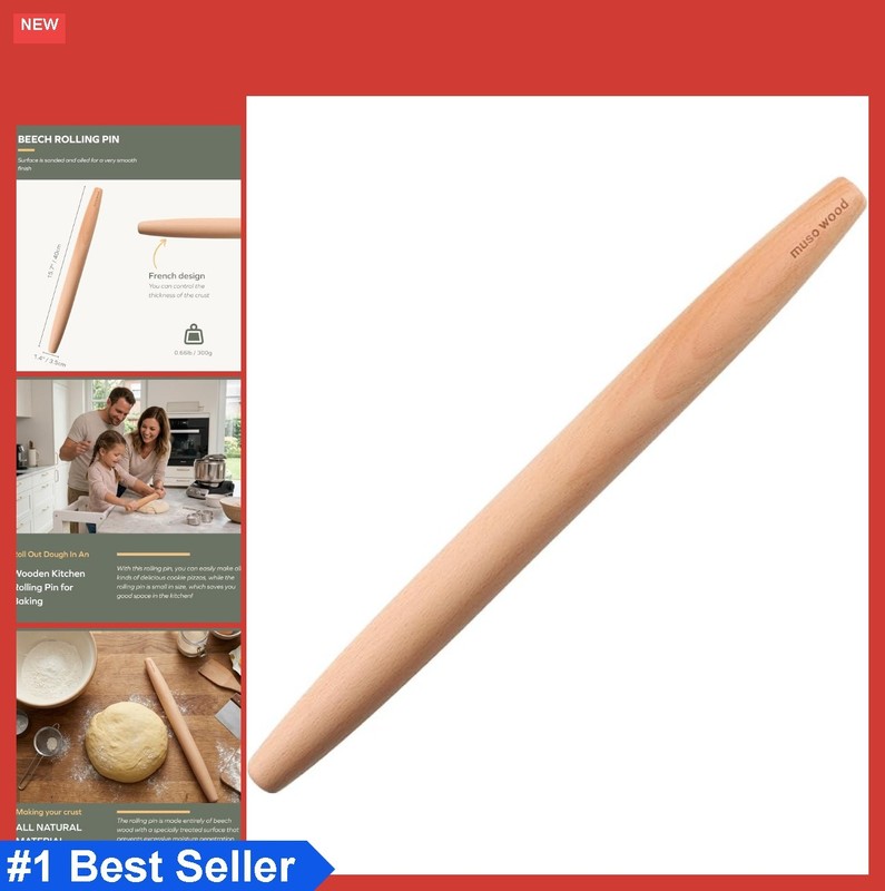 Beech Wood French Rolling Pin 15.75 Inch Tapered for Baking Pizza Fondant Pastry