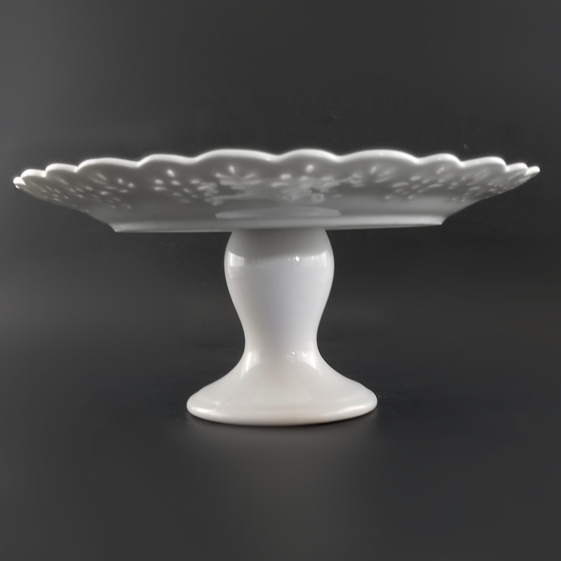 Pier One White Pedestal Cake Stand Porcelain Reticulated Scalloped Edge 8.5"D gallery