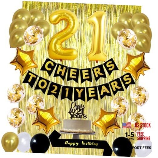 21st Birthday Decorations kit- Cheers To 21 Years Banner Balloons and Cake Gold
