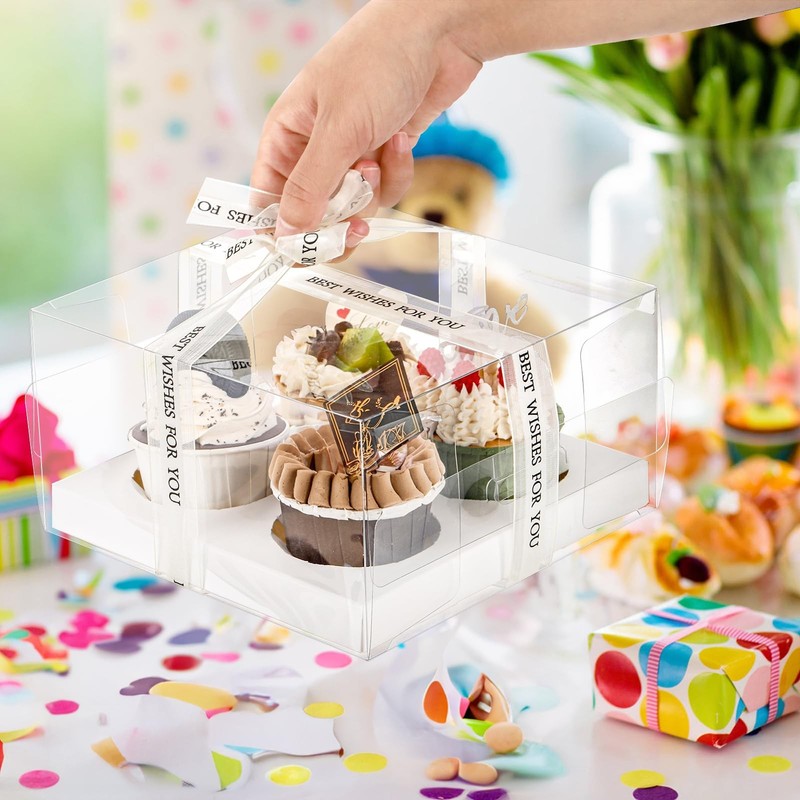 20 Pack Clear Cupcake Boxes with Gift Ribbon, 4 Count Plastic Cupcake Contain... gallery